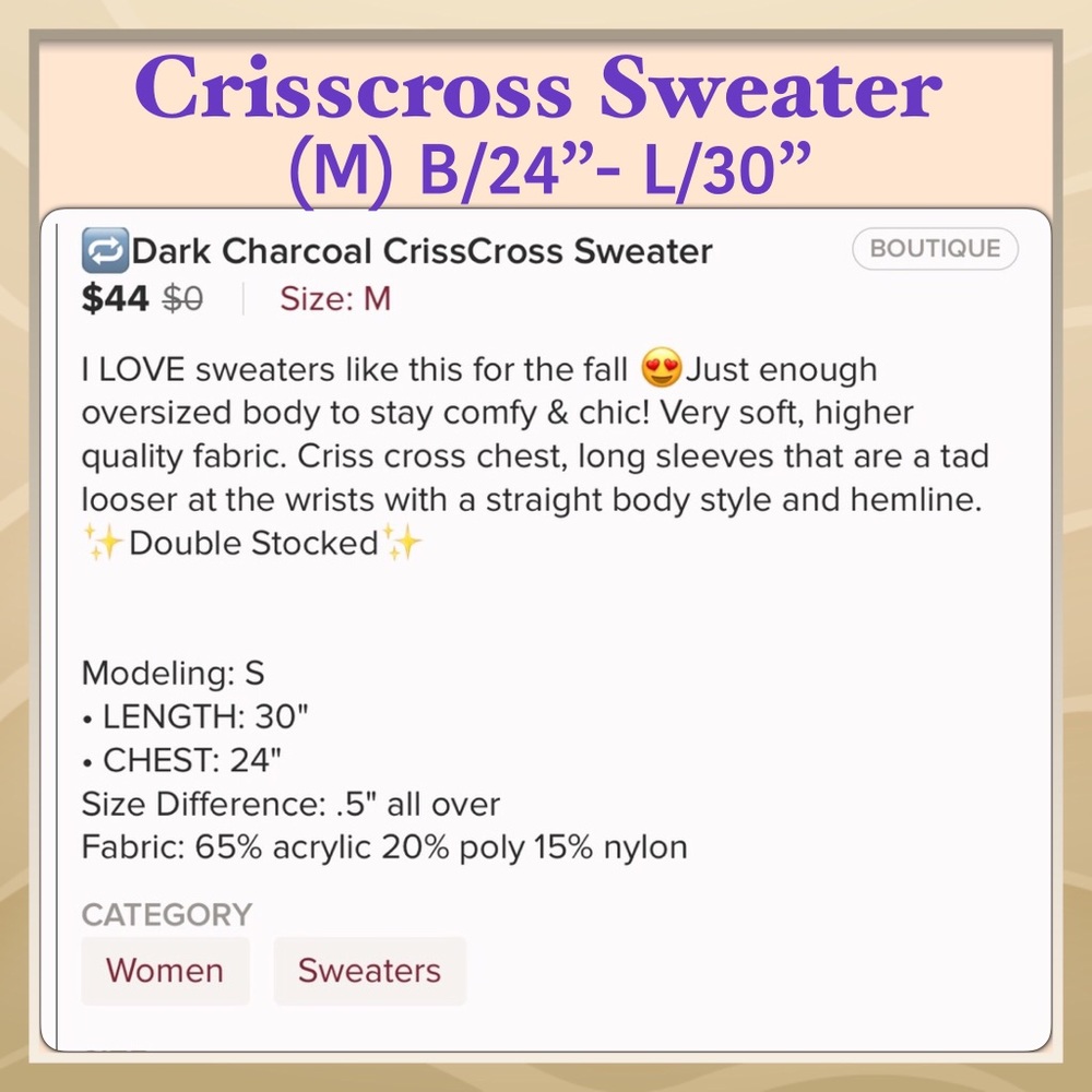 🆕SOFT CrissCross Sweater, Charcoal color, Med. - Picture 3 of 3